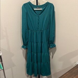Green Ruffled Tiered Long Sleeve Sundress